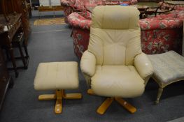 A beige faux leather upholstered reclining swivel armchair with matching foot stool.