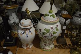 Large colourful pottery table lamp and a similar smaller lamp.
