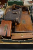 Various wooden boxes, pair of binoculars etc.