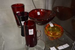 A large ruby Whitefriars bowl and other similar pieces of Whitefriars glassware.
