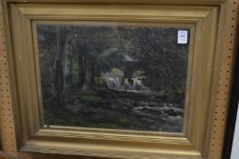 Circle of Stanley Royle, woodland scene with waterfall below an arch bridge, oil on board.