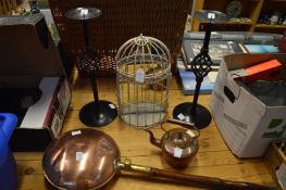 Copper bed warming pan, small copper kettle, pair of wrought iron candle stands and another candle