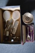 Silver items to include a pedestal bowl, dressing table items, fruit knives etc.