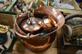 A copper coal scuttle, a kettle and a small jardiniere.