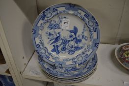 A set of six Victorian blue and white small plates.