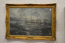 Hugo Schnars-Alquist, ships at sea, colour print in an ornate gilt frame.