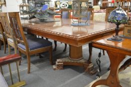 A good large and impressive Continental style inlaid mahogany twin pillar dining table, 300cm x