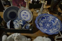 Blue and white pedestal dish and other blue and white china.