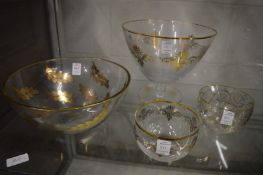 Two large gilt decorated bowls together with a pair of gilt decorated finger bowls (faults).