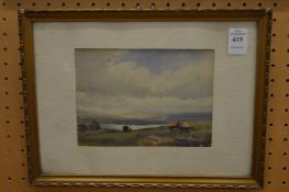 Figure on a track near a loch, watercolour.