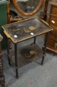 Chinoiserie decorated black lacquer two-tier etagere.