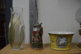 Painted glass vase, a beer stein and a jardiniere.