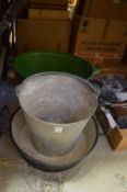 A galvanised war department bucket and two other items.
