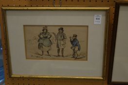 George Cruikshank, two gentlemen and a lady, ink and wash, signed.