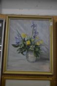 W F Giles, flowers in a ginger jar, oil on canvas board.