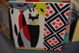 An amusing cat, oil on canvas, unframed together with two other pictures.