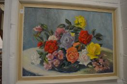 Ginette De Malet Roquefort, bowl of roses and other flowers, oil on canvas, signed and dated 1965.