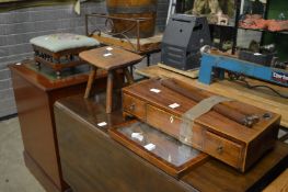 A 19th century mahogany dressing table mirror (faults) together with two small stools.