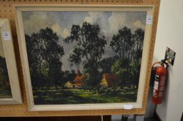 Arthur James, rural landscape with buildings, oil on canvas, signed.