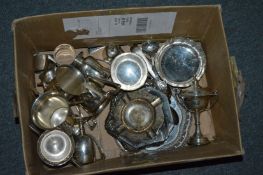 Box of silver items to include trophy cups, ashtrays, bowls etc.