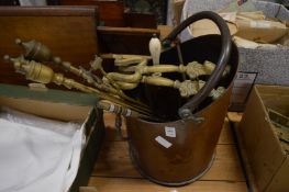 Copper coal scuttle, brass fireside tools etc.