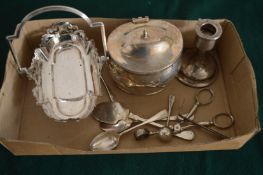 A silver dwarf candlestick and plated items.