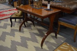 A good 19th century ebony inlaid mahogany rectangular stretcher table.