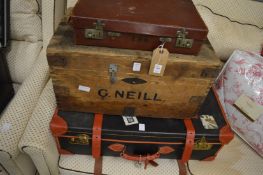 Two suitcases and a pine trunk.