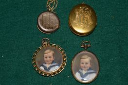 Two lockets and two yellow metal framed double sided portrait miniatures.