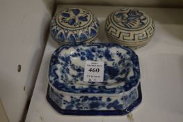 A Chinese blue and white table salt and two early Oriental blue and white pots and covers.