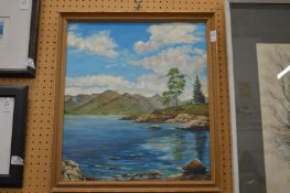 C Donoghue Stuart, Lochside view of mountains, oil on board.