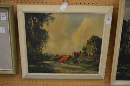 Arthur James, rural landscape with cottages by a path, oil on canvas, signed.