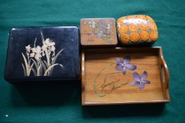 Decorative wooden tray, similar box, a lacquer box and another similar.
