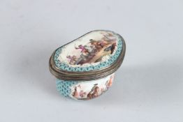 A SUPERB 18TH CENTURY ENAMEL SHAPED SNUFF BOX with silver mounts, the lid and sides painted with a