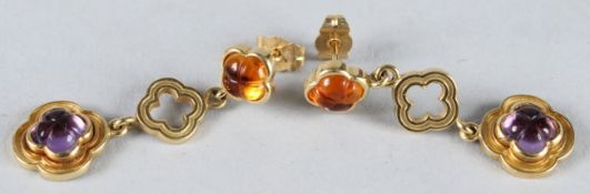 A PAIR OF 18CT GOLD, AMETHYST AND CITRINE EARRINGS.