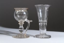 A SMALL 18TH CENTURY TRUMPET BOWL WINE GLASS, 12cms high, and a small LAMP MAKER'S LAMP, 10cms