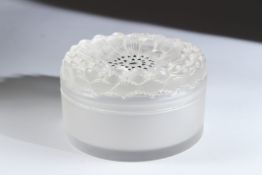 A GOOD LALIQUE CIRCULAR FROSTED CHRYSANTHEMUM POWDER POT AND COVER. Engraved Lalique, France.