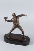 AFTER BANKSY. A man throwing a bunch of flowers. Signed. 20cms high, on a marble base.
