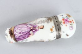 A GOOD 18TH CENTURY PORCELAIN ETUI CASE, Probably MEISSEN, with silver mounts and painted with a