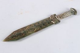 A GOLD INLAID JADE DAGGER. 9ins long.