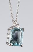 A 3.5 AQUAMARINE AND DIAMOND PENDANT AND CHAIN.