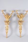 A VERY GOOD PAIR OF GILT BRONZE WALL LIGHTS with two branches. 2ft 4ins high.