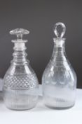 TWO GOOD REGENCY HOBNAIL CUT DECANTERS AND STOPPERS. 26cms high.