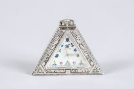 A MASONIC TRIANGULAR SHAPED SILVER POCKET WATCH.