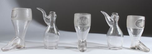 FIVE VARIOUS HUNTING BOOT GLASSES.
