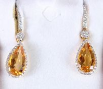 A PAIR OF 18CT YELLOW GOLD, CITRINE AND DIAMOND DROP EARRINGS.