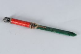 A VERY GOOD RUSSIAN SILVER, ENAMEL AND JADE LETTER OPENER, the handle tip as an elephant with long