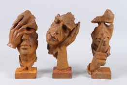 A SET OF THREE CAST IRON FACES, See, Hear and Speak No Evil Figures. 12ins high.