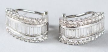 A PAIR OF 18CT WHITE GOLD DIAMOND HOOP EARRINGS.