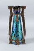AN ART NOUVEAU GLASS VASE, attributed to JOSEF RINDSKOPFS SOHNE, iridescent body with metal mount,